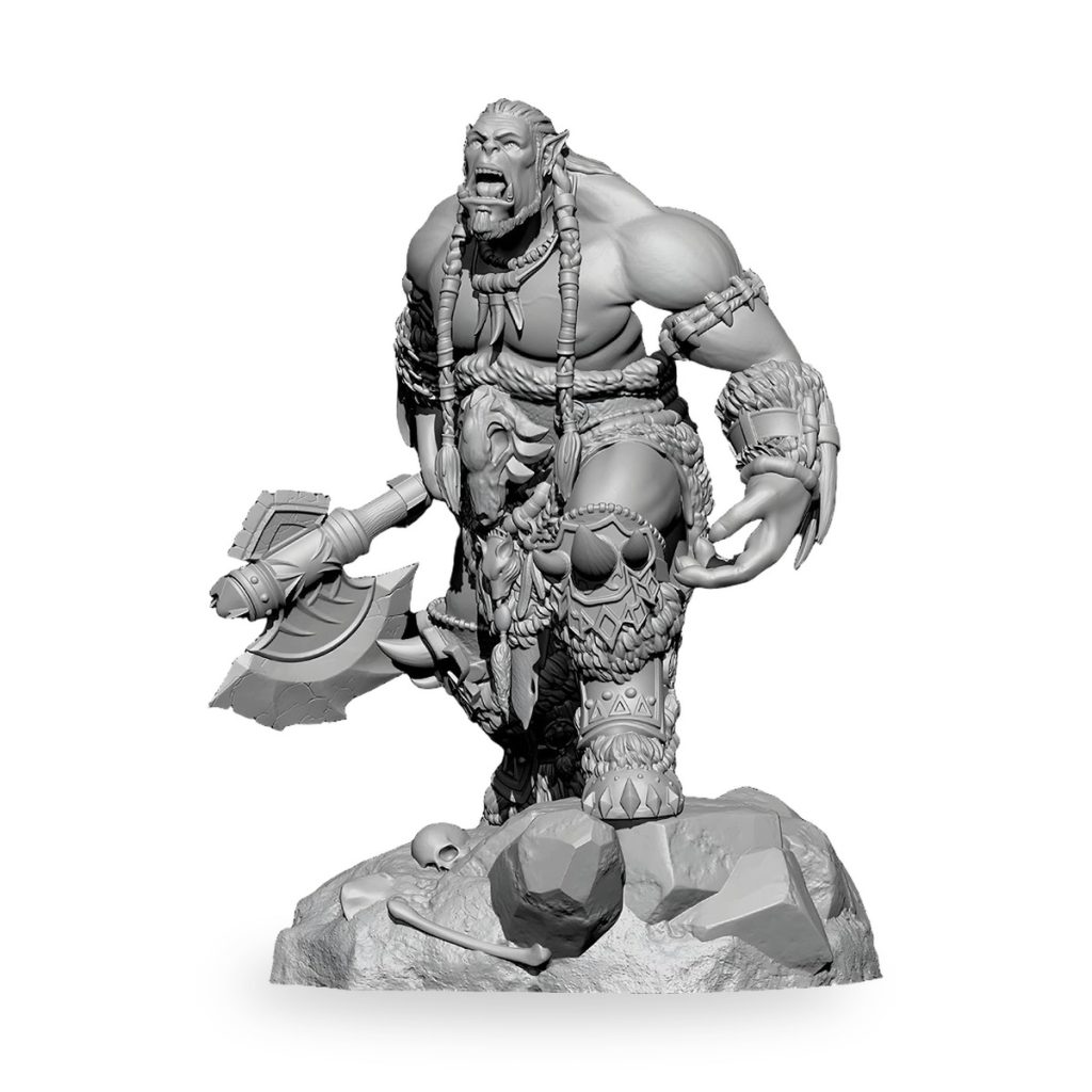 Unpainted orc warrior holding battle axe on rocky base with skull and bones.