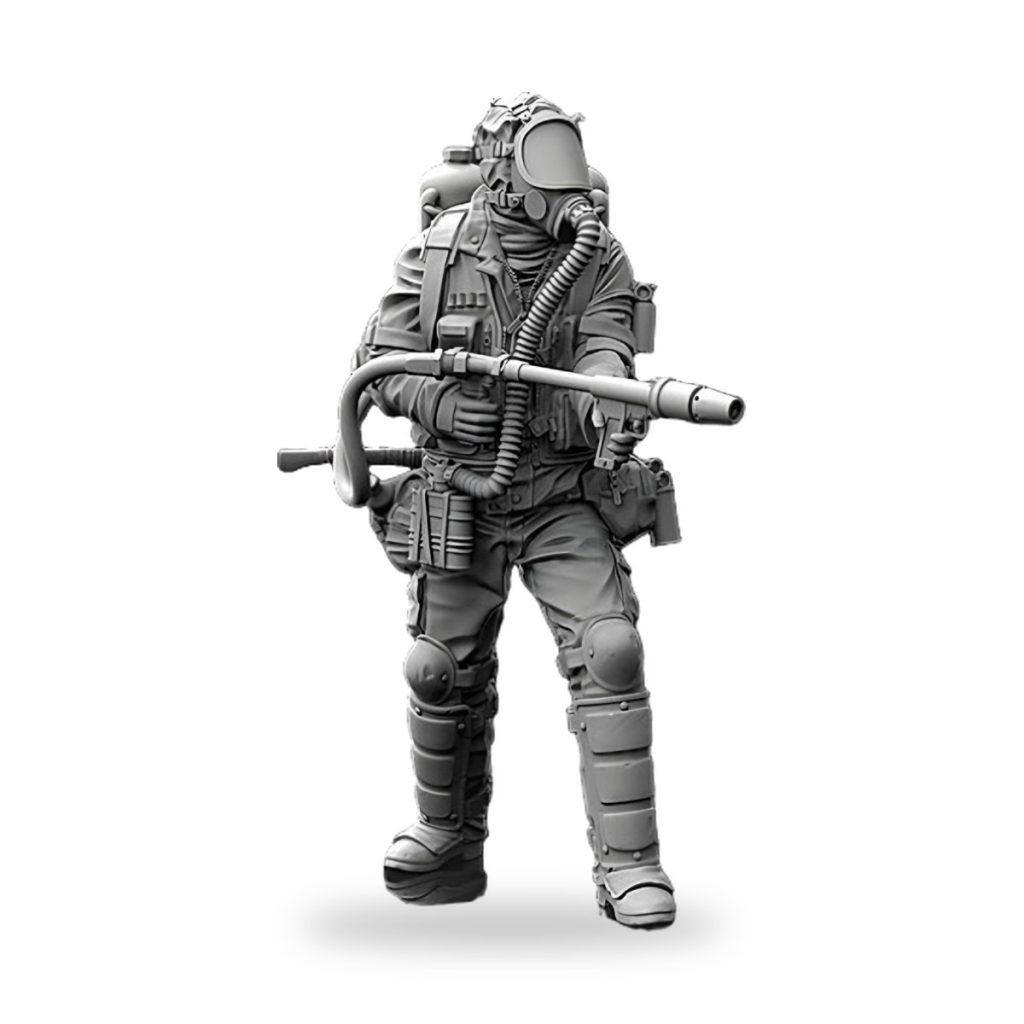 Unpainted 1/35 US soldier war flamethrower resin figure in combat gear holding weapon.