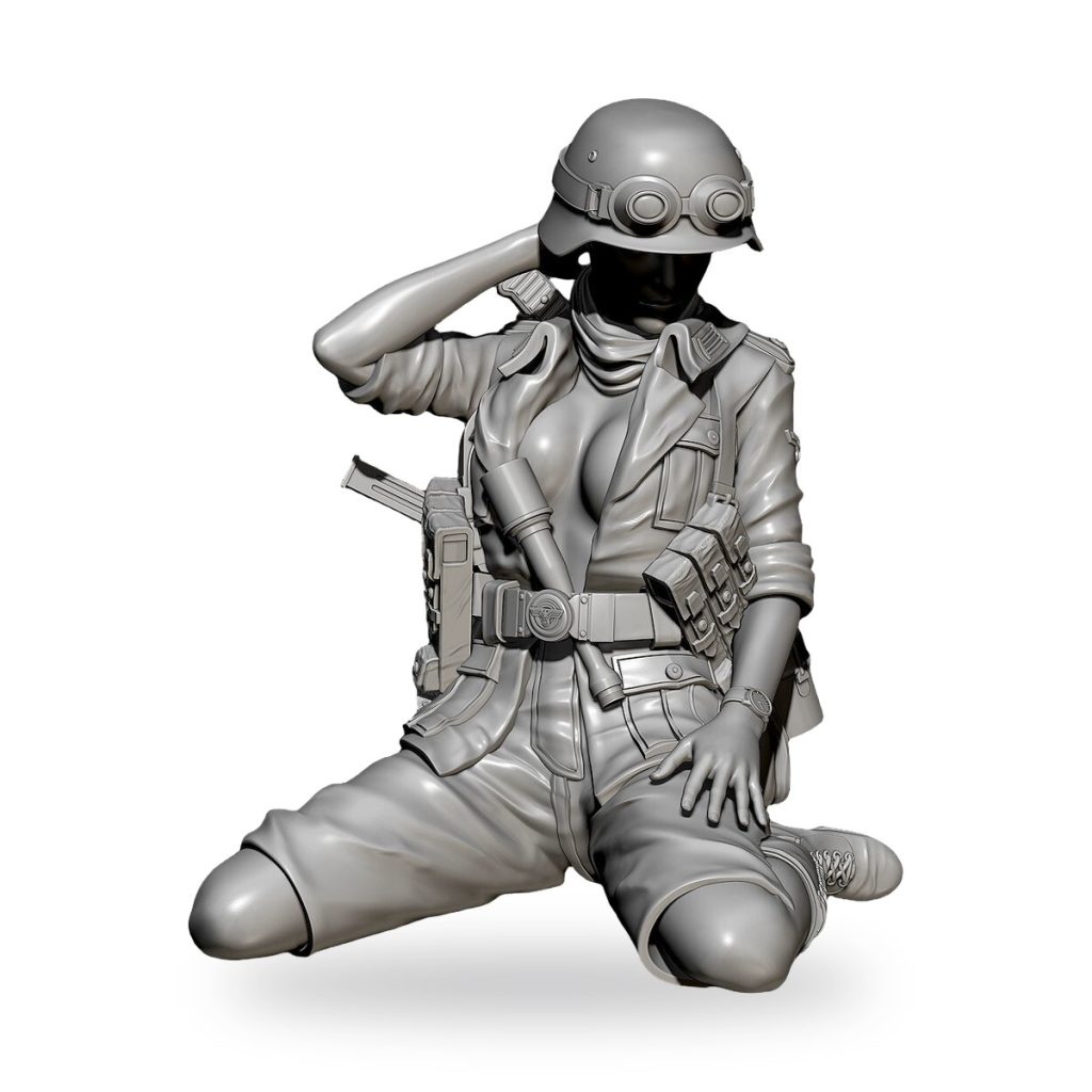 Unpainted female soldier officer in military gear saluting.