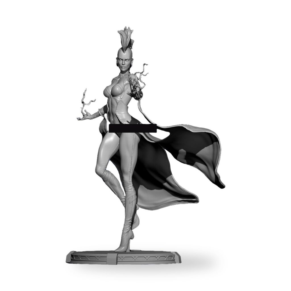 Unpainted Lightning Queen superpower goddess GK figure with flowing cape and lightning effects.