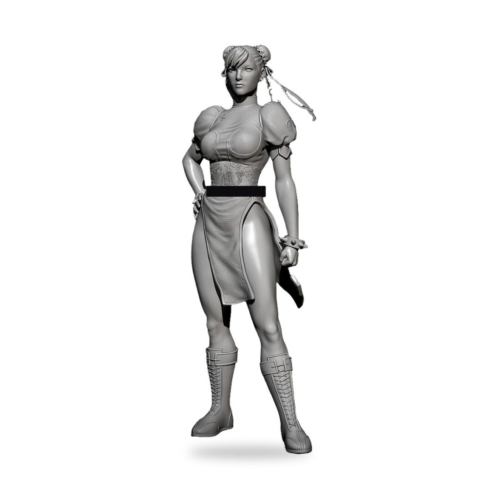 Unpainted Street Fighter Chun-Li resin figure in combat stance with dual sais.