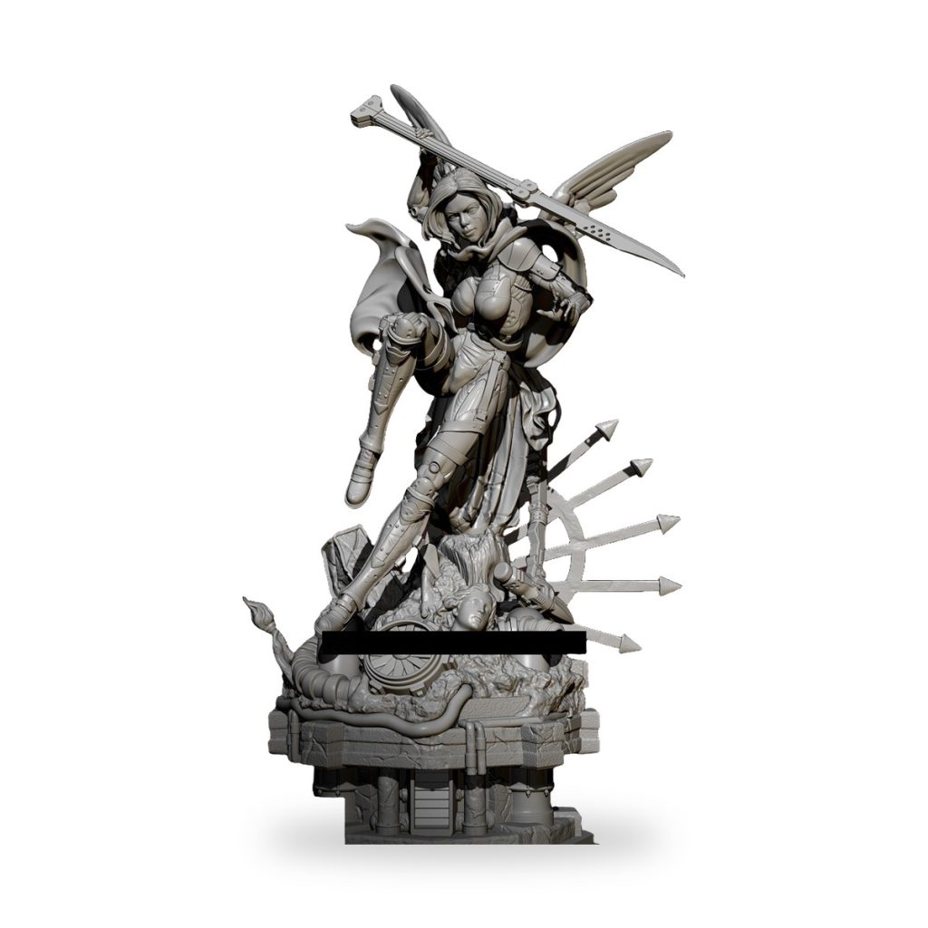 Unpainted resin statue of winged cyborg warrior with sword and shield on rocky base.