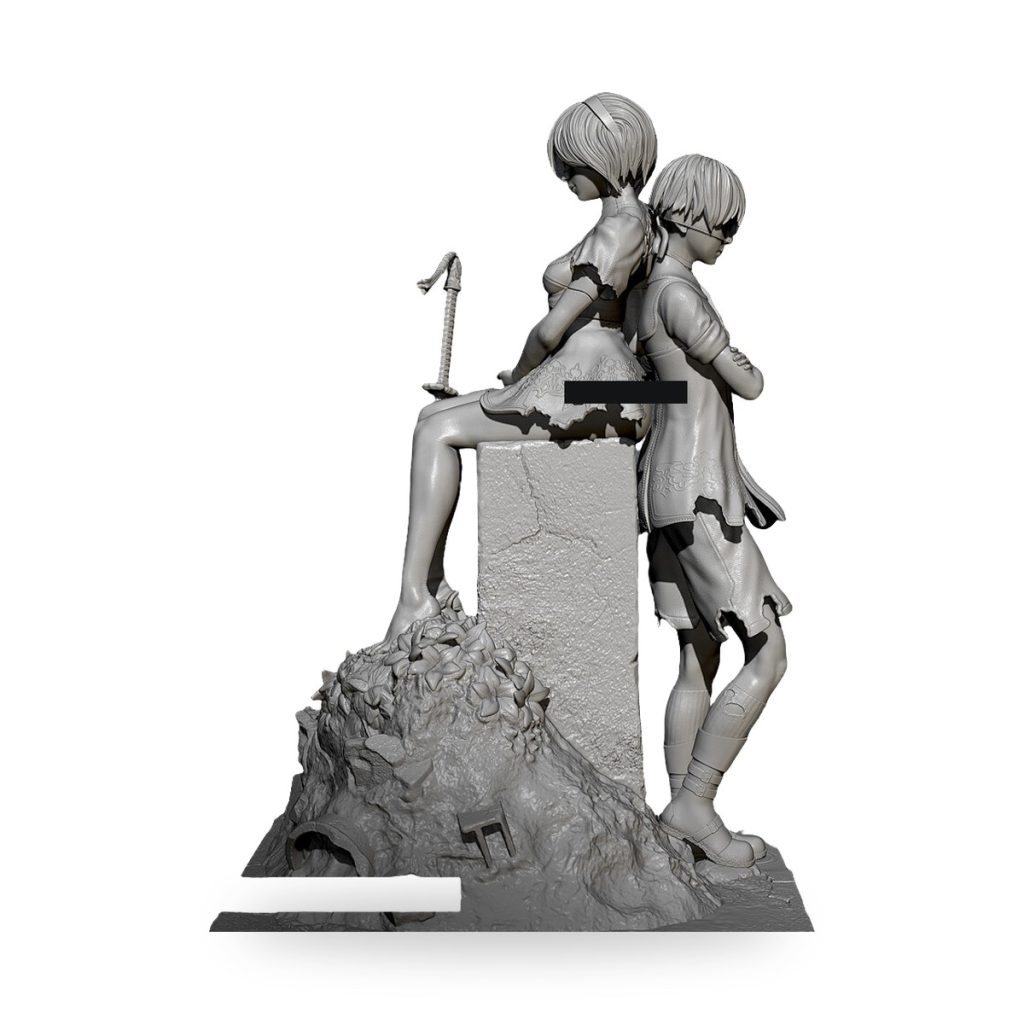Unpainted resin statue of two anime-style figures in post-apocalyptic setting with sword and rocky base.