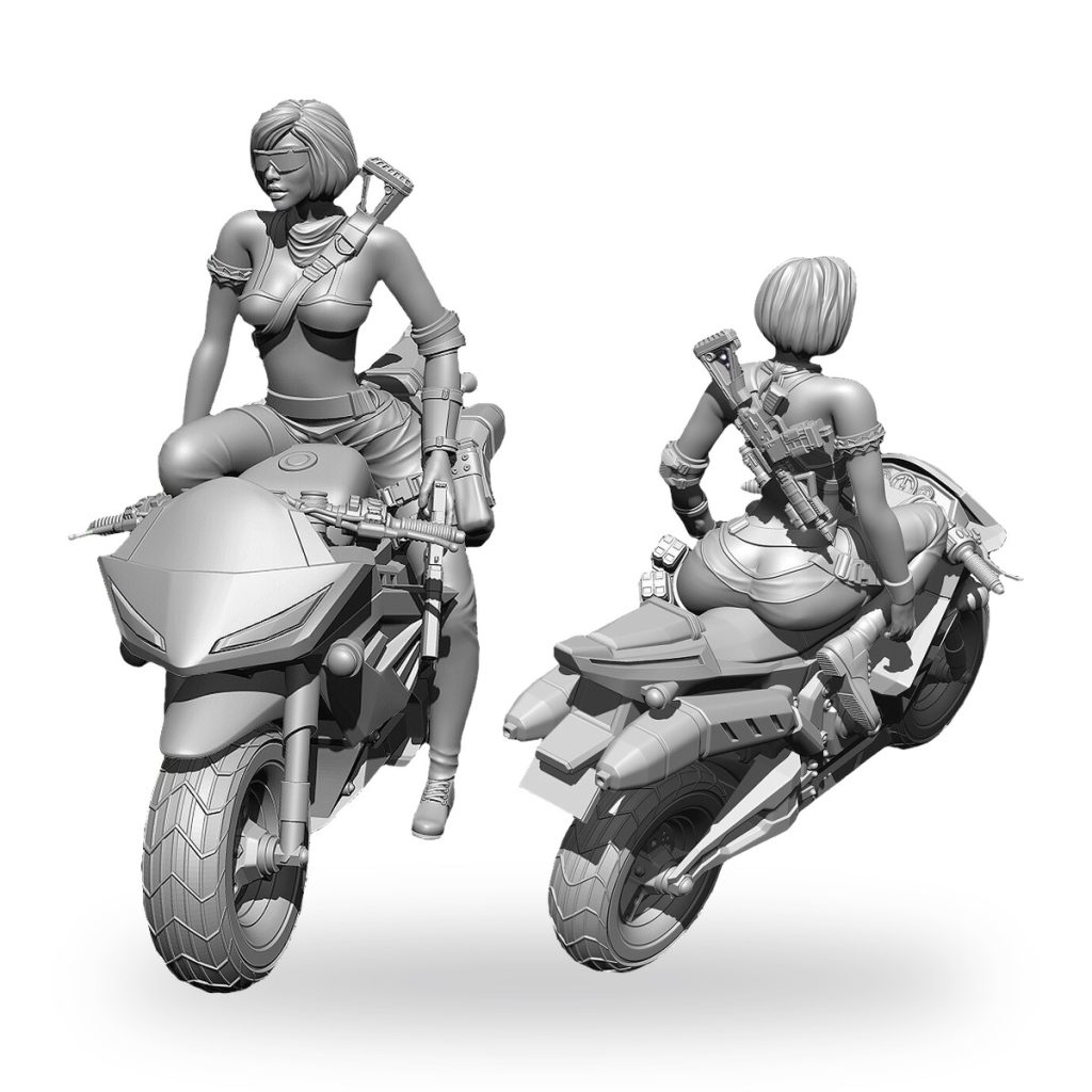 Unpainted resin model of female rider on sports motorcycle.