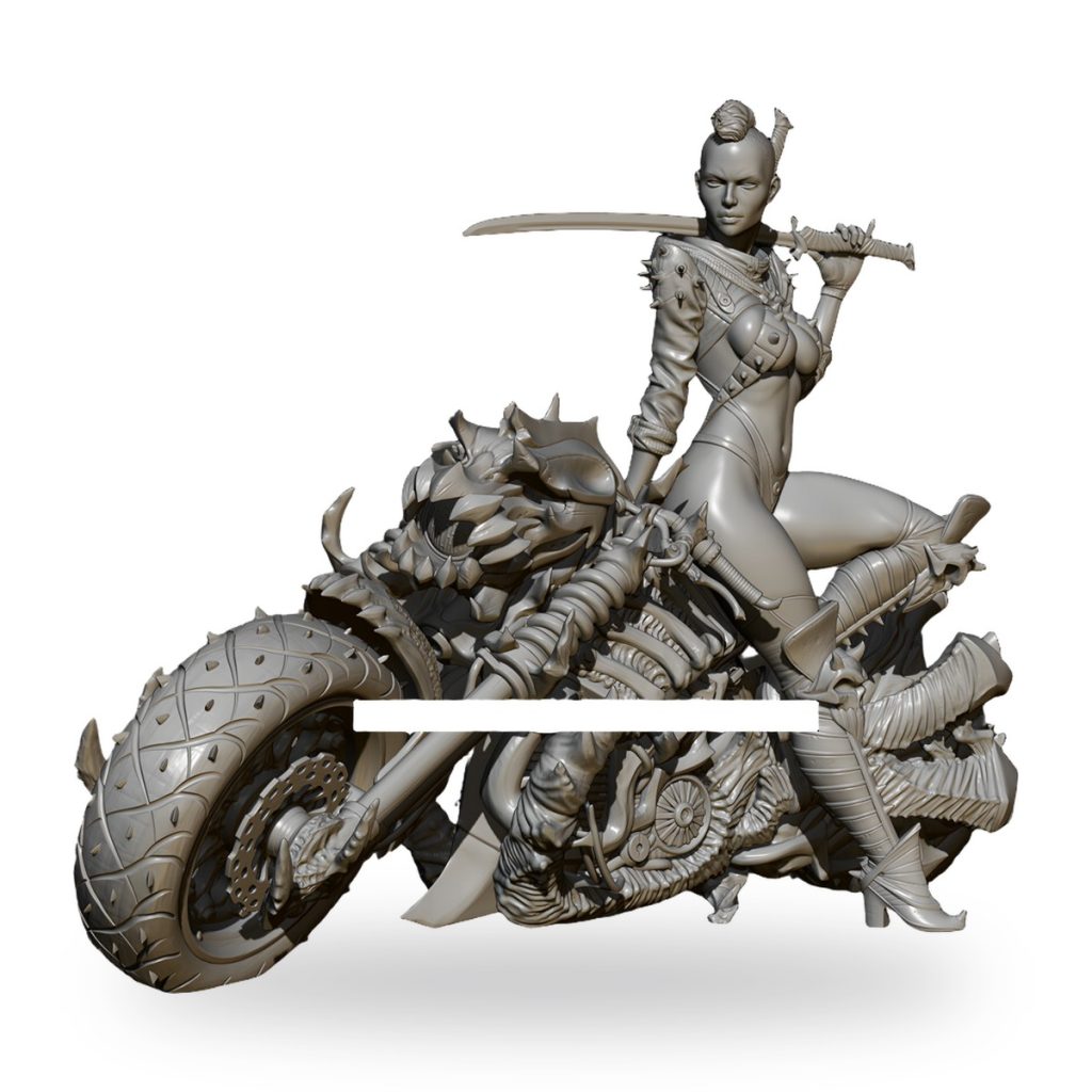 Unpainted resin figure of female warrior on ornate motorbike holding sword.