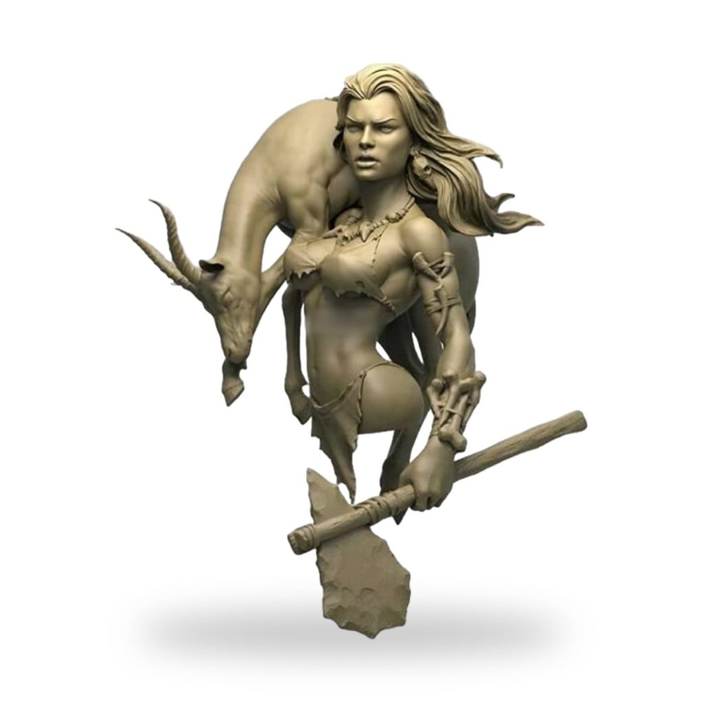 Unpainted resin bust of Stone Age huntress with antlered creature and stone axe.