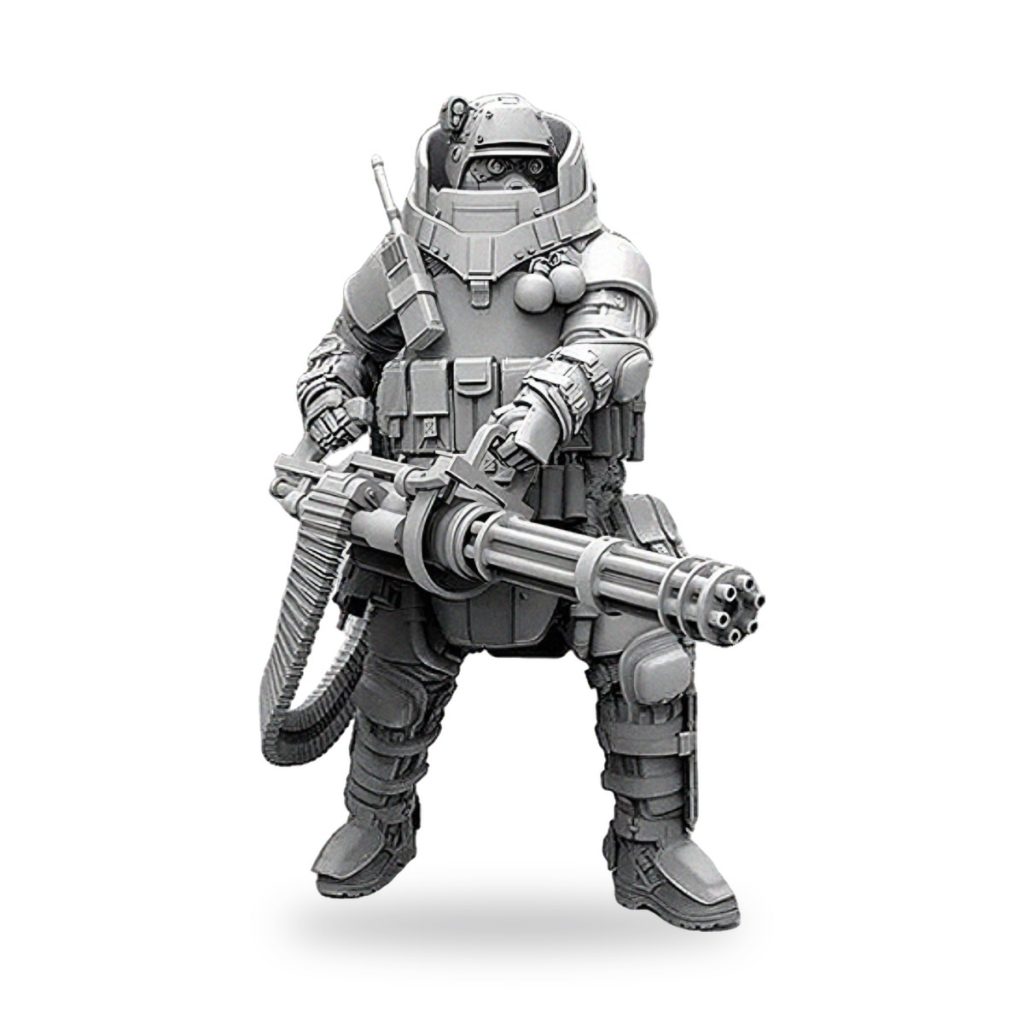Unpainted sci-fi soldier in heavy armor holding large weapon.