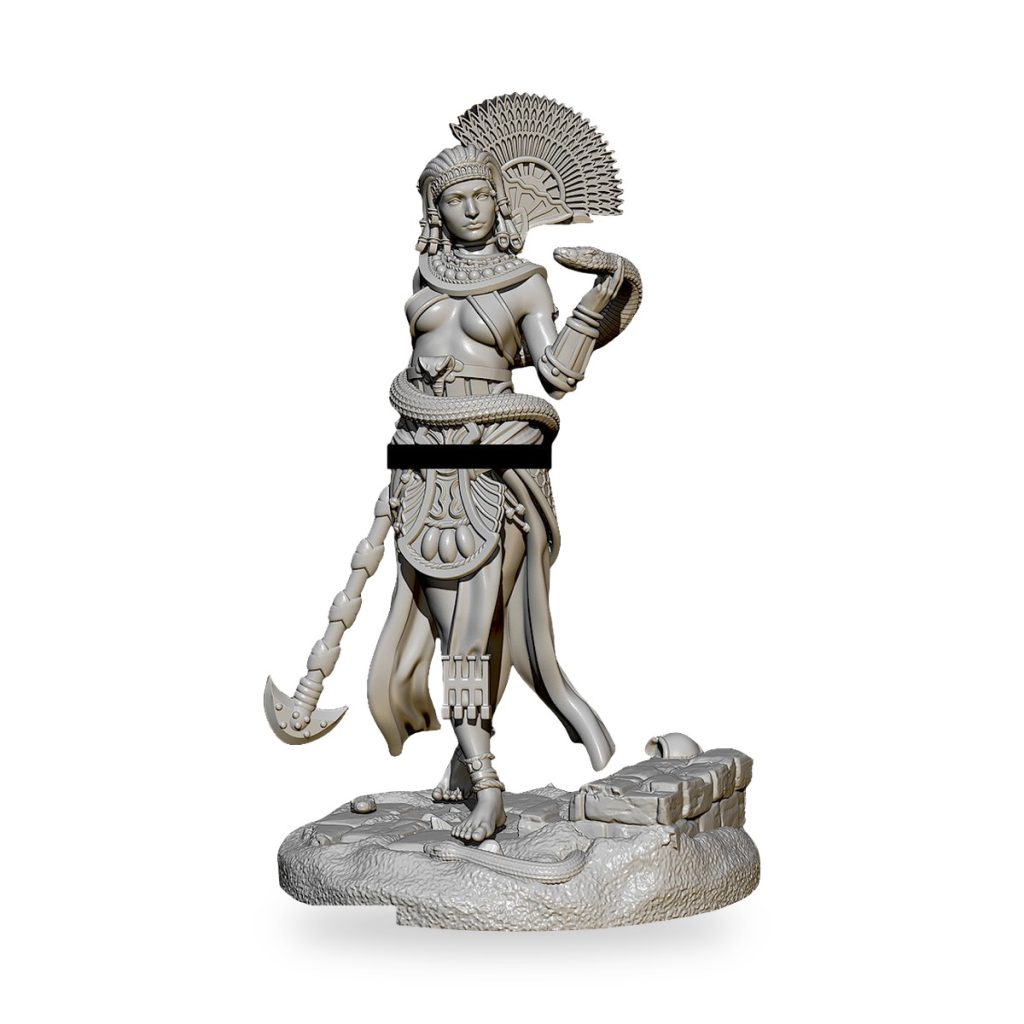 Unpainted resin statue of ancient female snake charmer with headdress and staff.