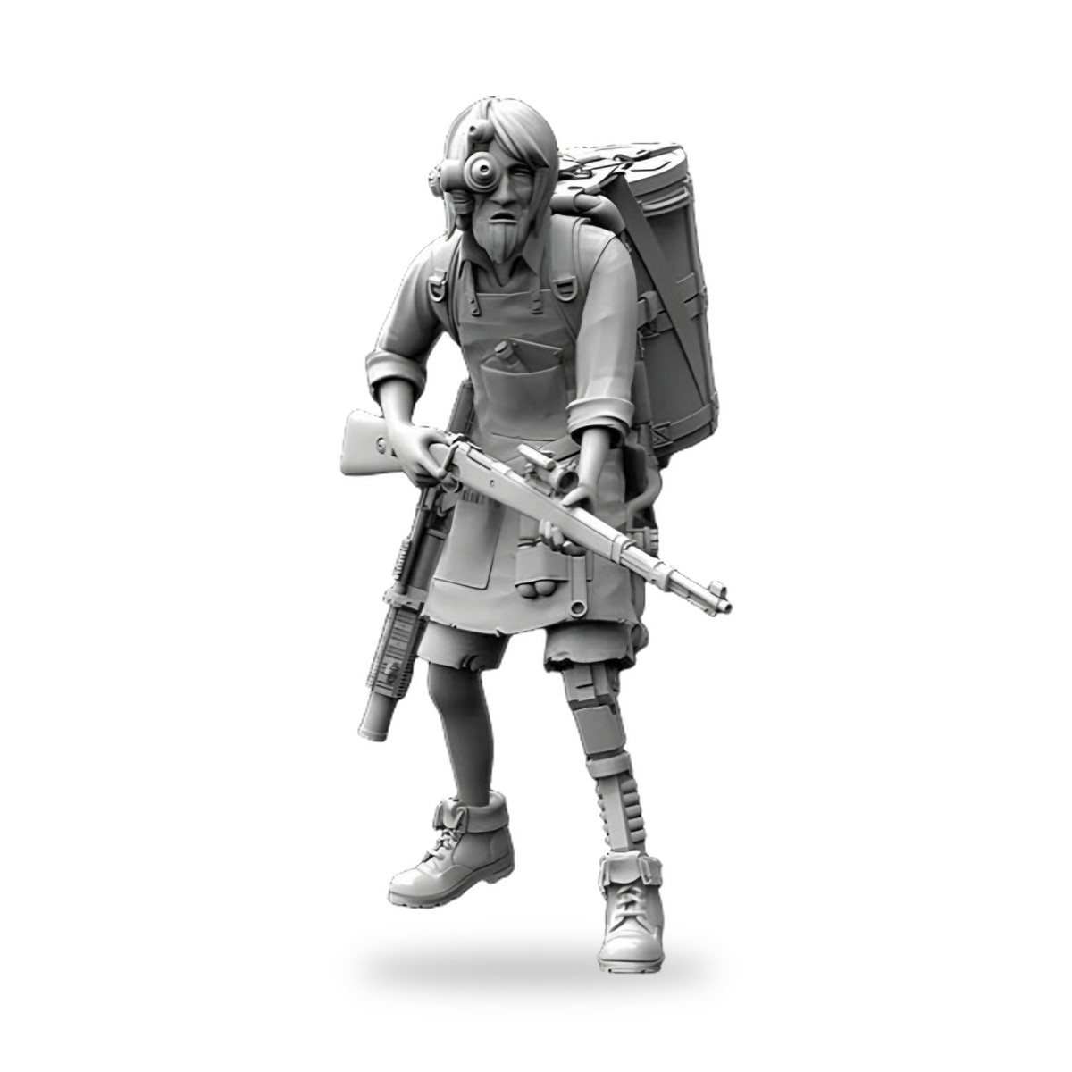 Unpainted resin figure of war soldier with rifle and night vision goggles.