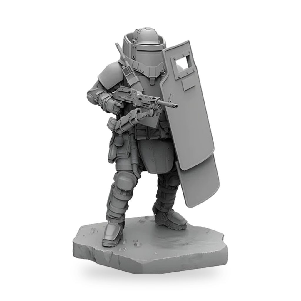 Unpainted sci-fi soldier with shield and rifle on rocky base.