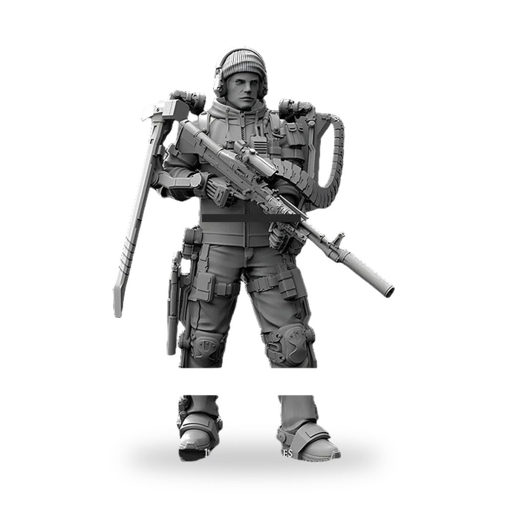 Unpainted sci-fi zombie shooter ranger with rifle and axe.
