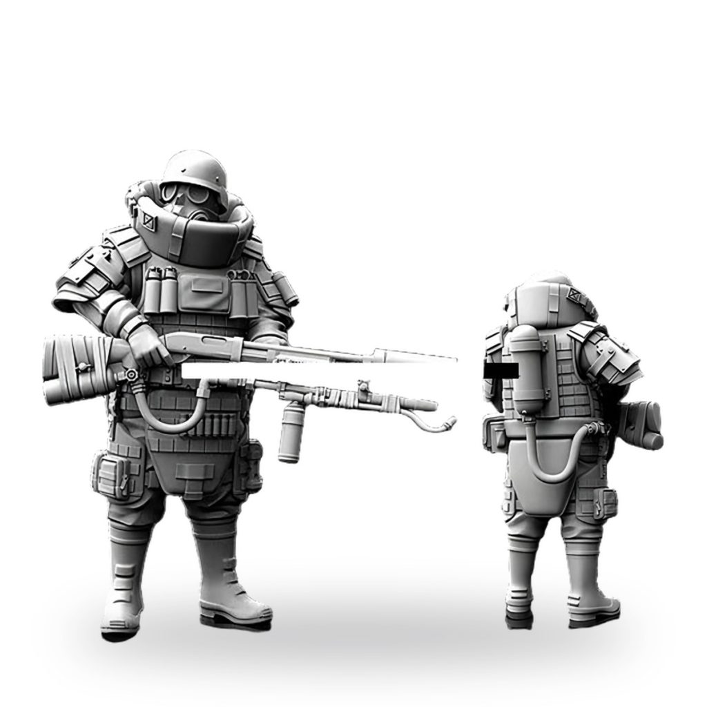 Unpainted sci-fi soldier with blowtorch weapon and gas mask gear.
