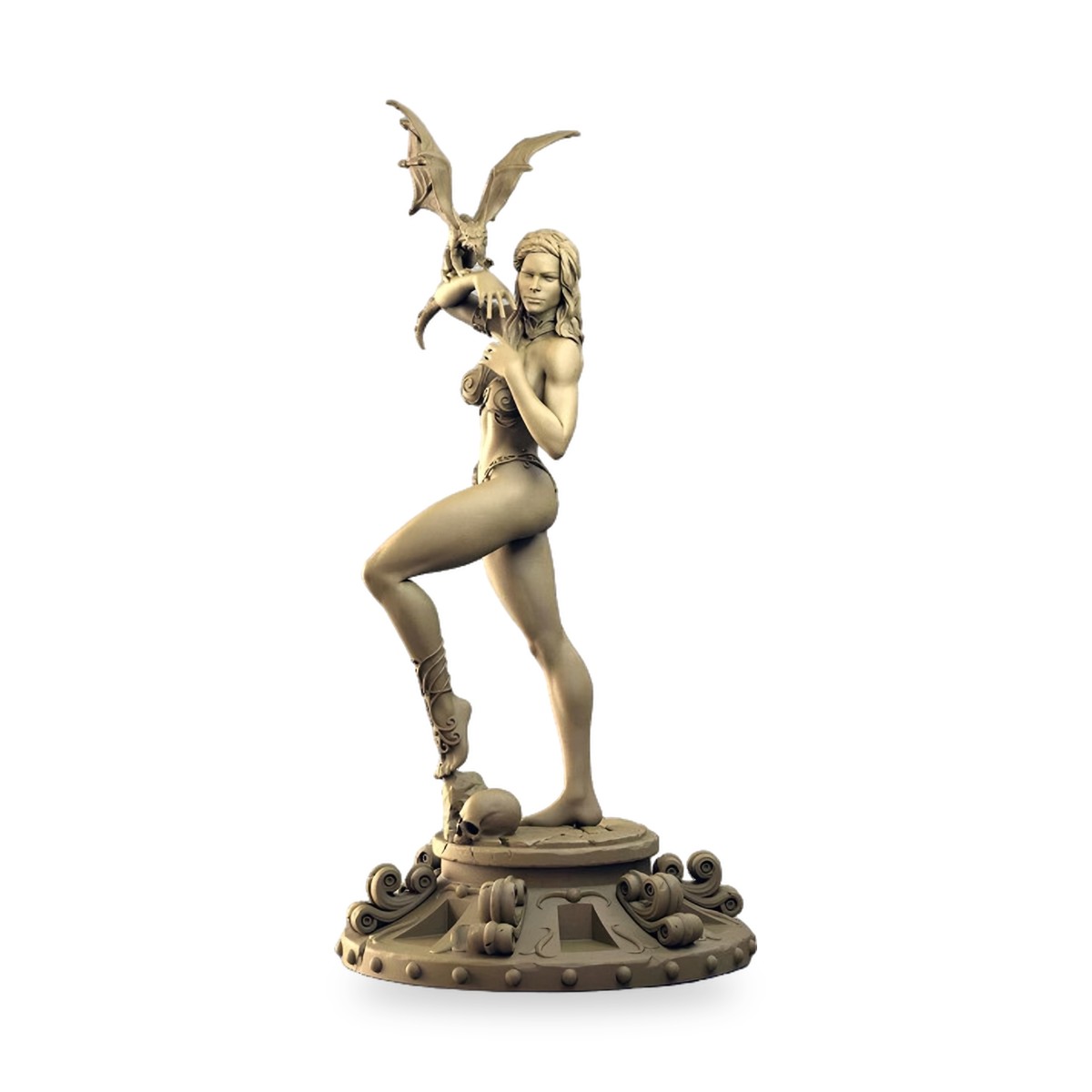 Unpainted fantasy queen statue holding dragon on ornate base.