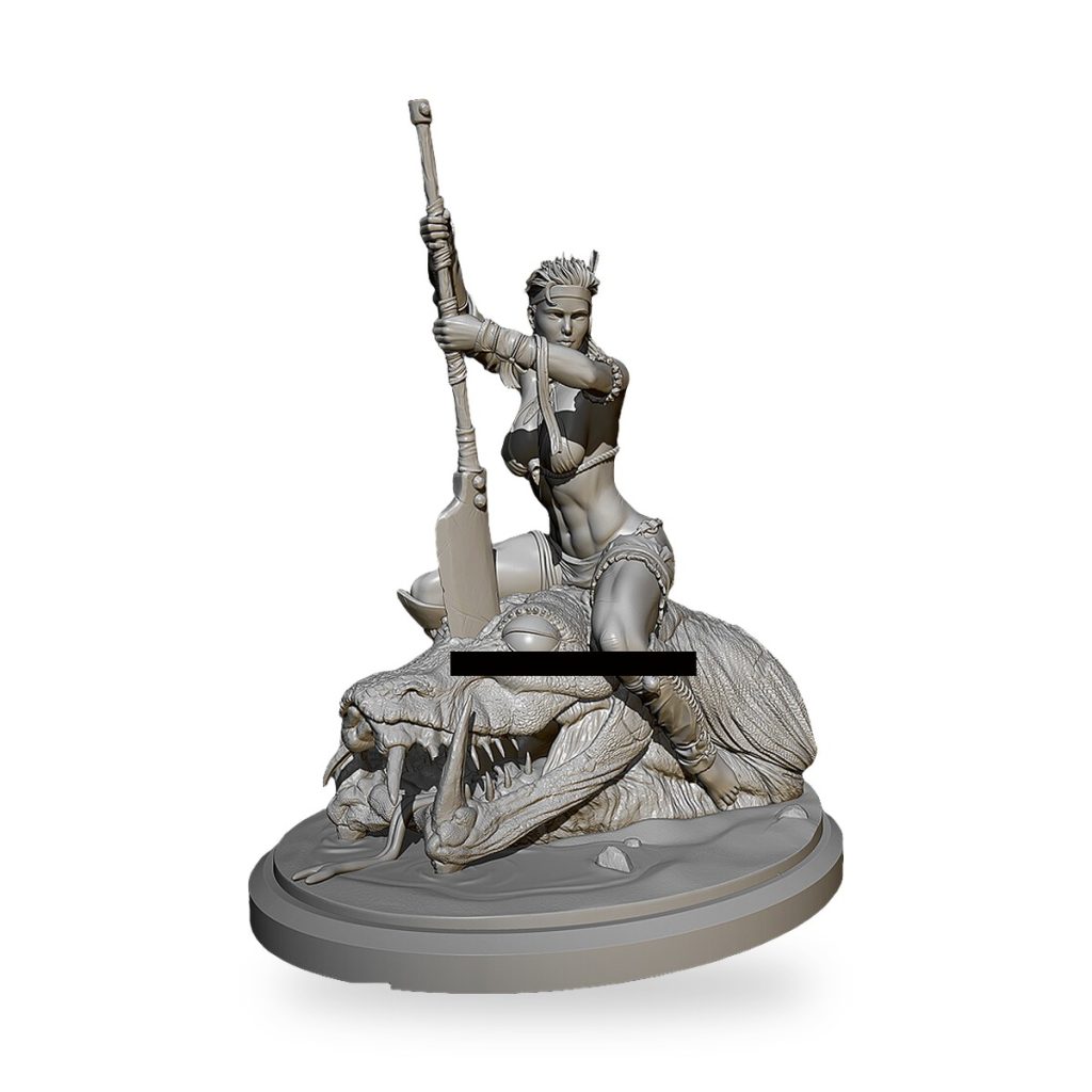 Unpainted female tribal warrior on dragon with spear.