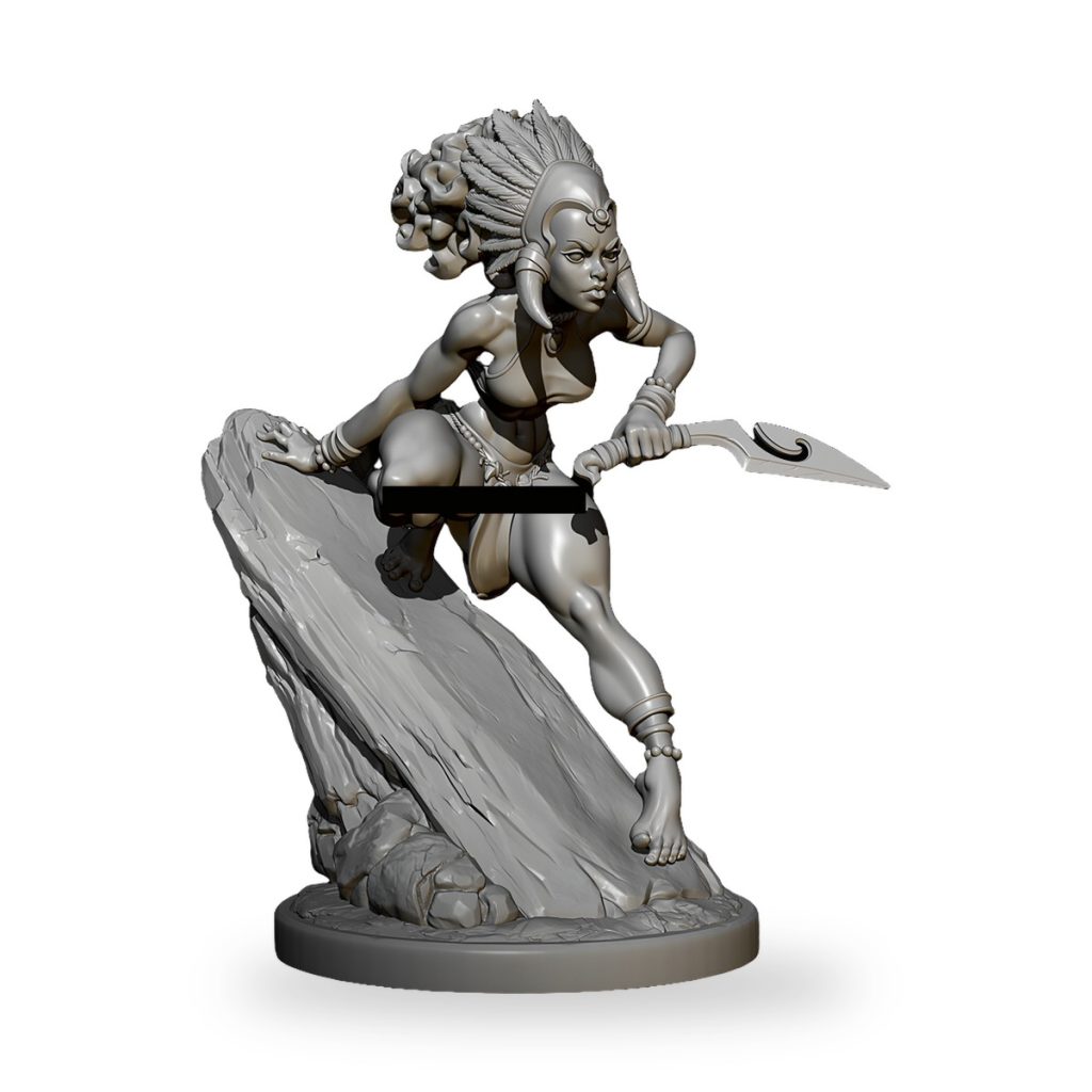 Unpainted resin figure of fierce tribal woman hunter on rocky base holding spear.