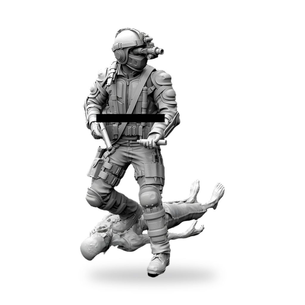 Unpainted GK Zombie Apocalypse Mercenary Killer holding weapon over zombie figure.