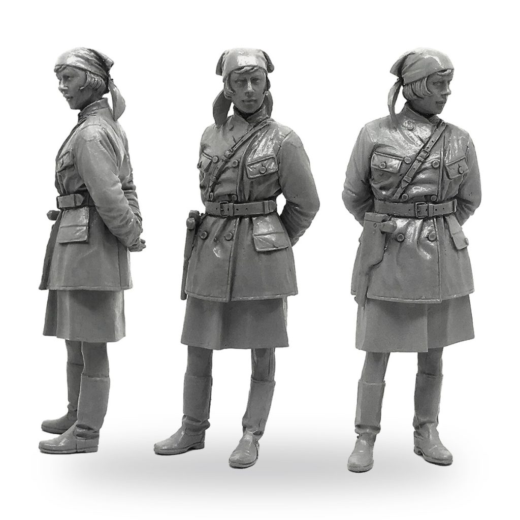 Unpainted 1/35 WWII female soldier in uniform and headscarf from three angles.