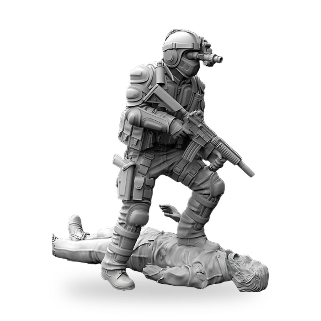 Unpainted 1/35 scale soldier figure in tactical gear holding rifle over prone enemy.