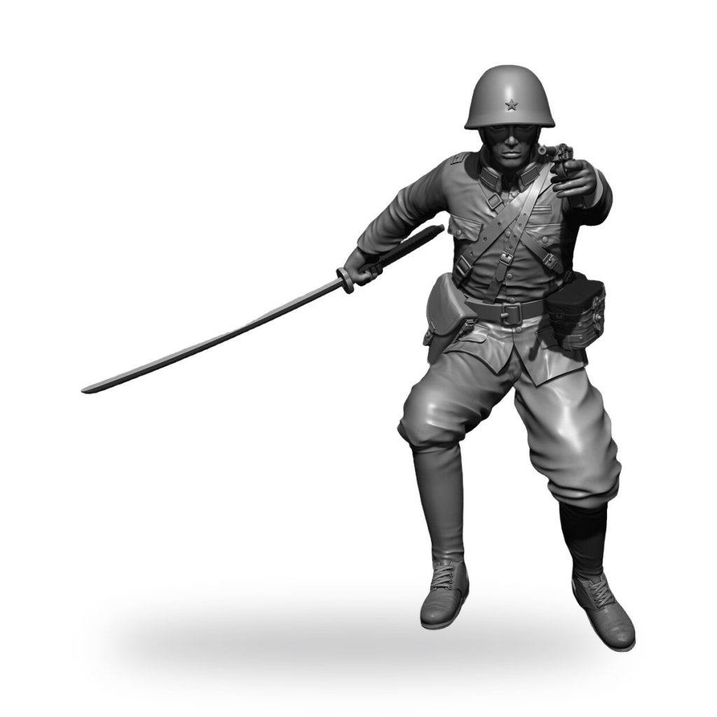 Unpainted WWII Japanese officer holding sword and pistol in dynamic pose.
