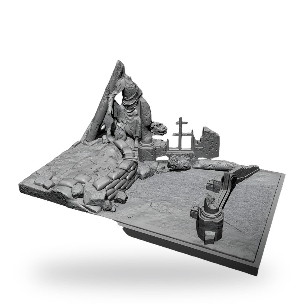 Unpainted resin miniature base with ruins and sandbags.