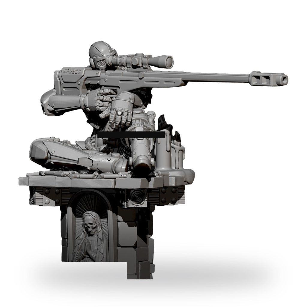 Unpainted resin sniper in metal armor aiming large rifle on detailed base.