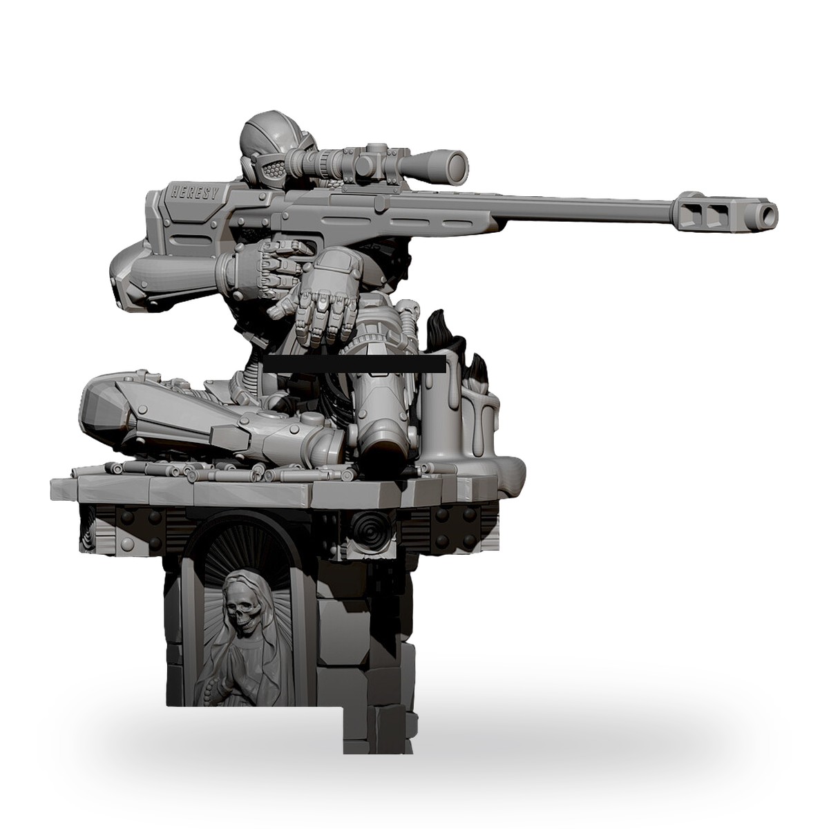 Unpainted resin sniper in metal armor aiming large rifle on detailed base.
