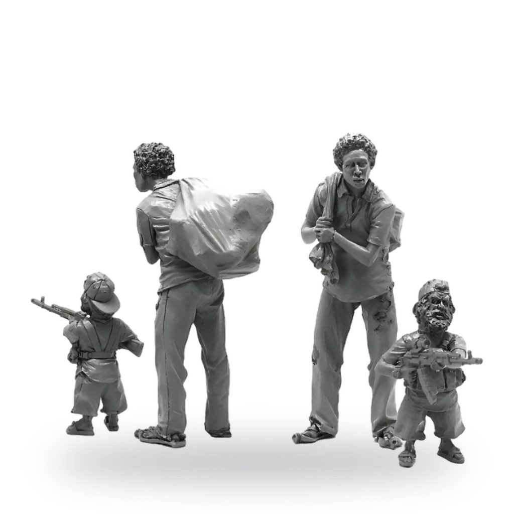 Unpainted resin figures of civilians and armed dwarfs in distressed poses.