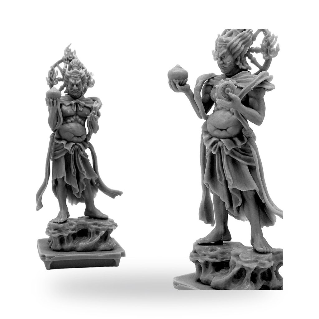 Unpainted Japanese mythology god figures holding objects on rocky bases.