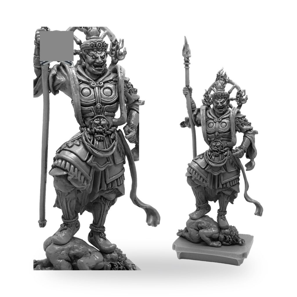 Unpainted GK Ancient Shitenno Japanese God figure holding spear and standing on defeated enemy.