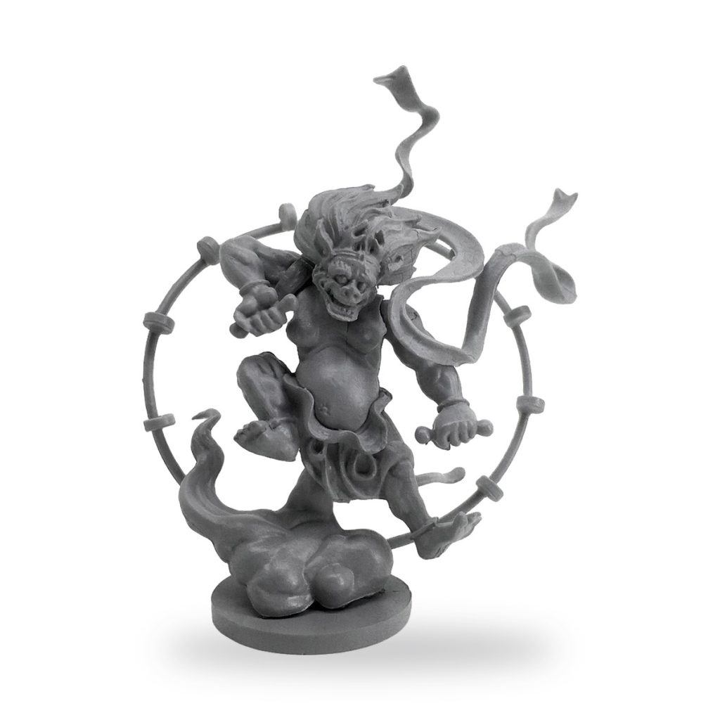 Unpainted GK Ancient Raijin Japanese Thunder God figure with dynamic pose and circular weapon.