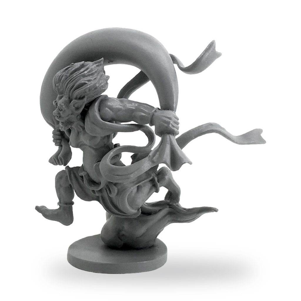 Unpainted GK Ancient Fujin Japanese Wind God figure in dynamic pose with flowing robes and wind effects.