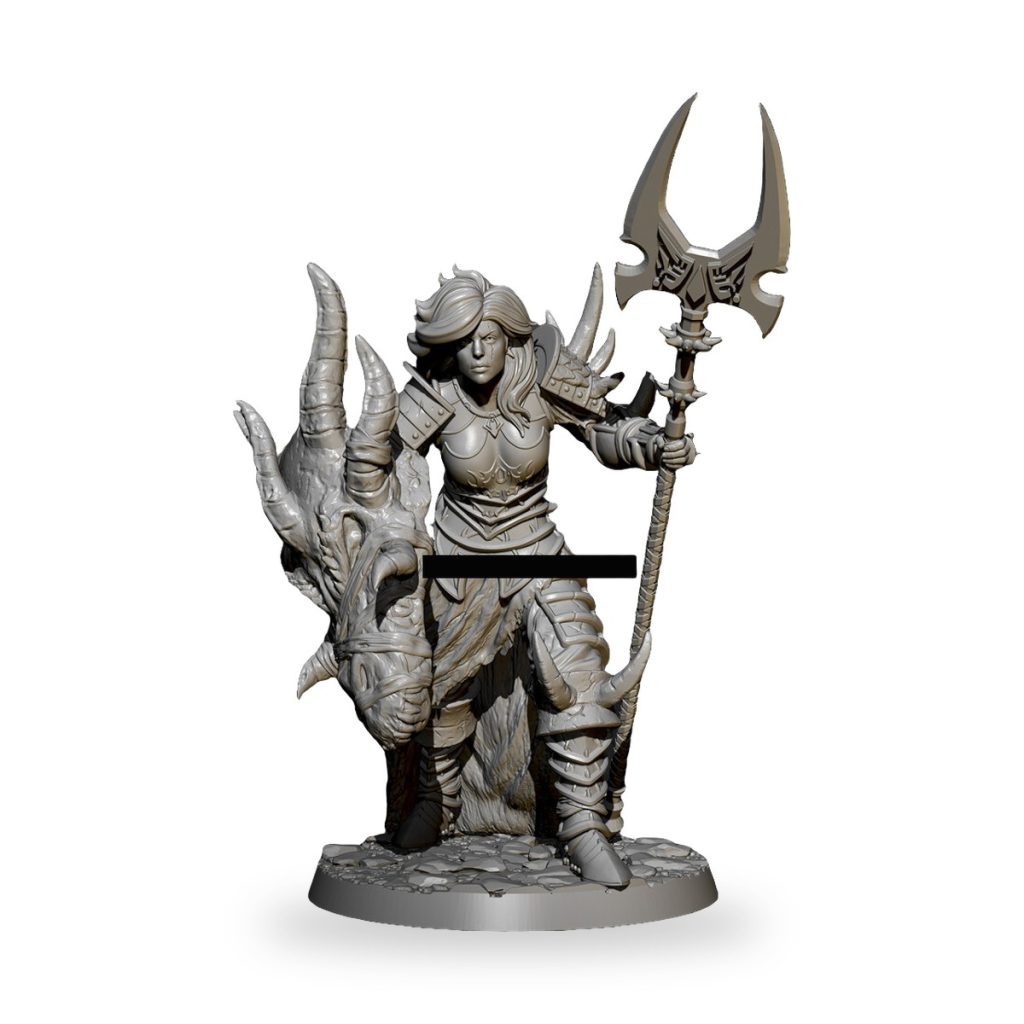 Unpainted female knight warrior holding axe and shield with dragon motif.
