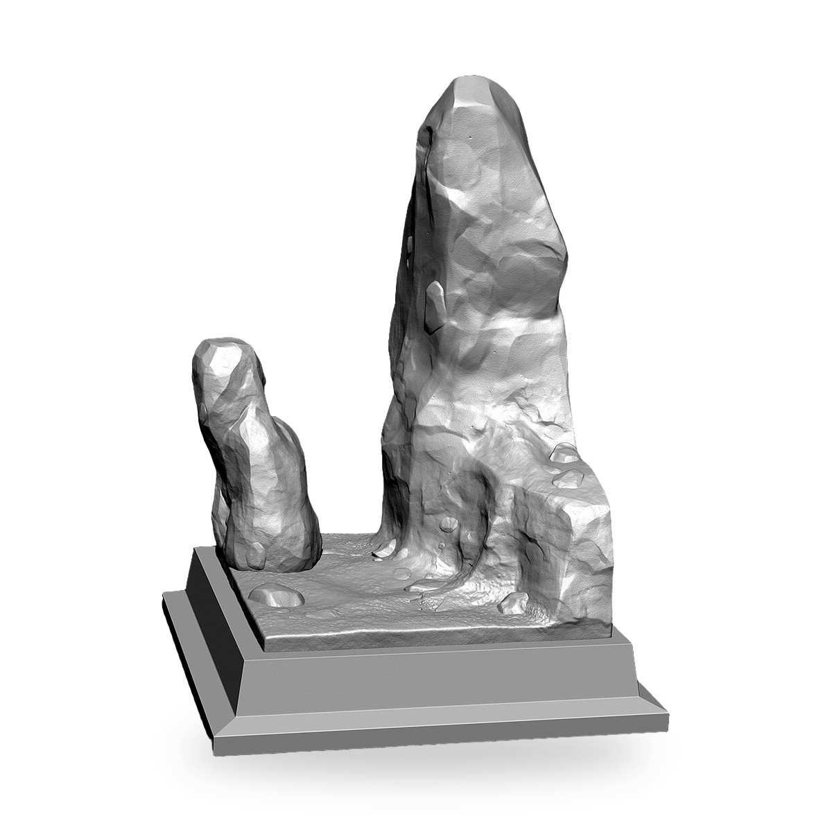 Unpainted resin diorama base with two boulder rocks on stepped platform.