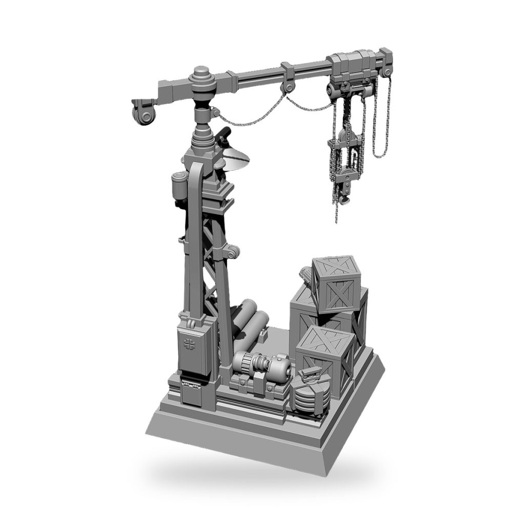 Unpainted resin industrial crane platform diorama with cargo crates and mechanical details.