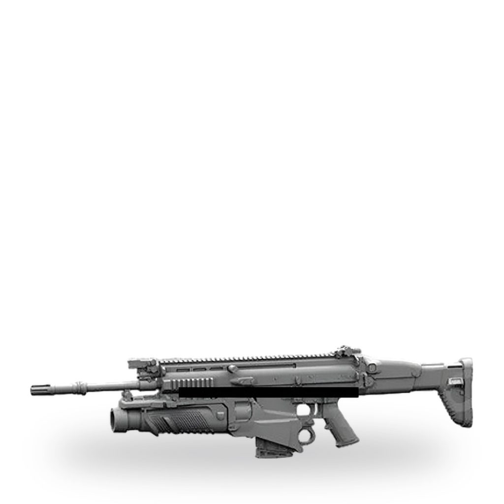 Unpainted 1/35 scale miniature assault rifle in side profile view.