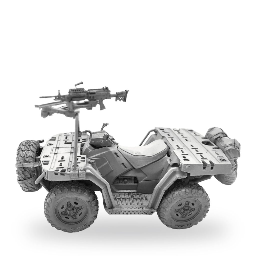 Unpainted 1/35 scale US military ATV with mounted machine gun and cargo racks.