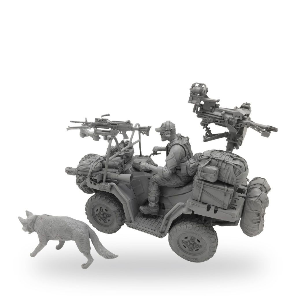 Unpainted 1/35 resin ATV with soldier and dog in military gear.