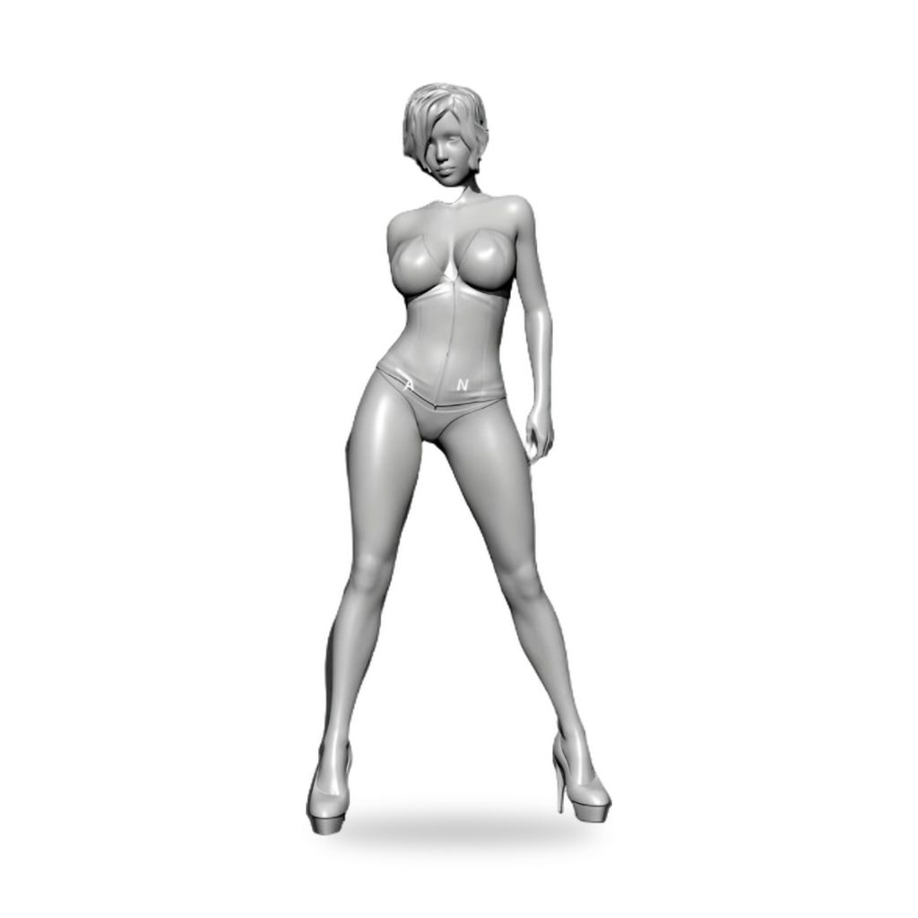 Unpainted female figure with short hair in lingerie and heels.