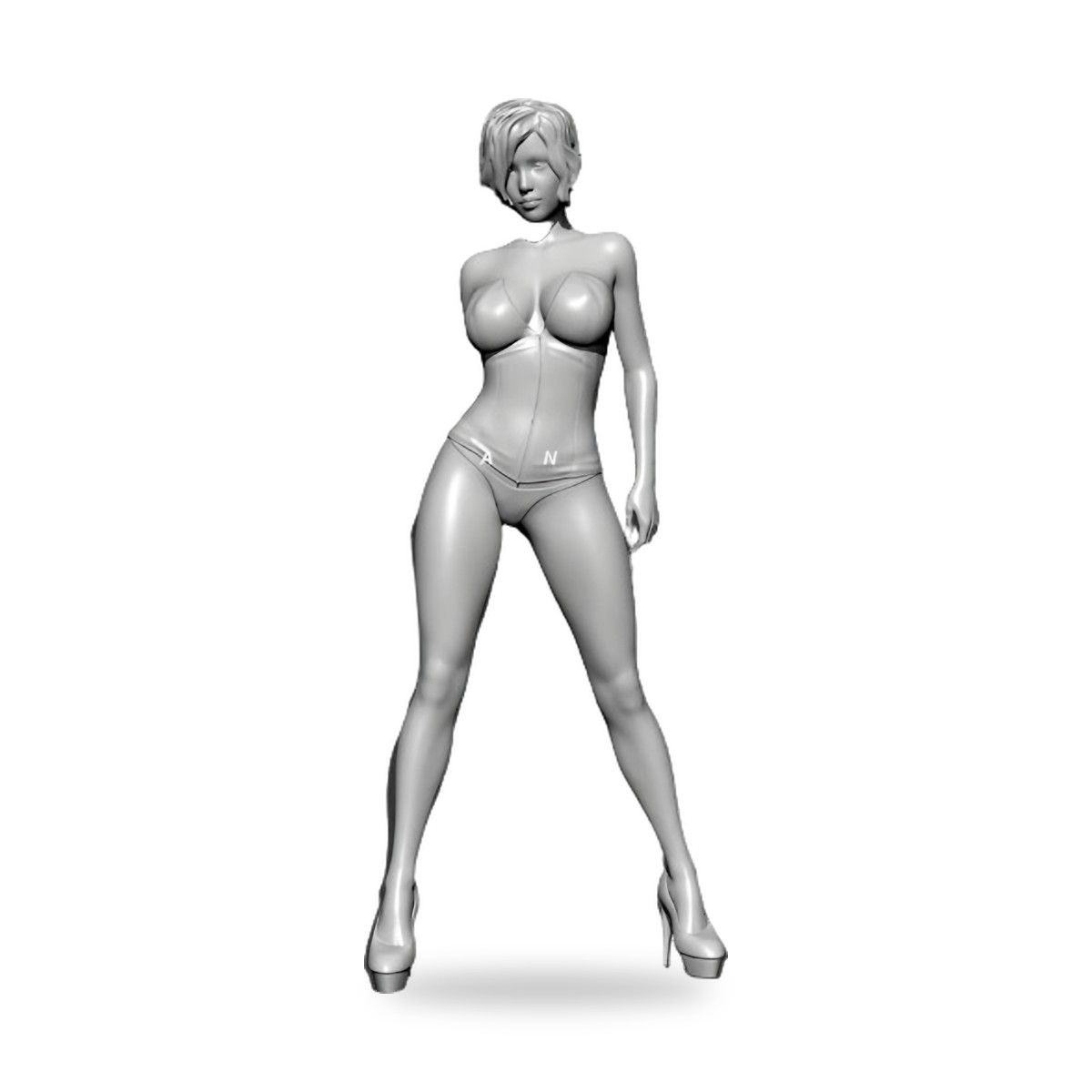 Unpainted female figure with short hair in lingerie and heels.