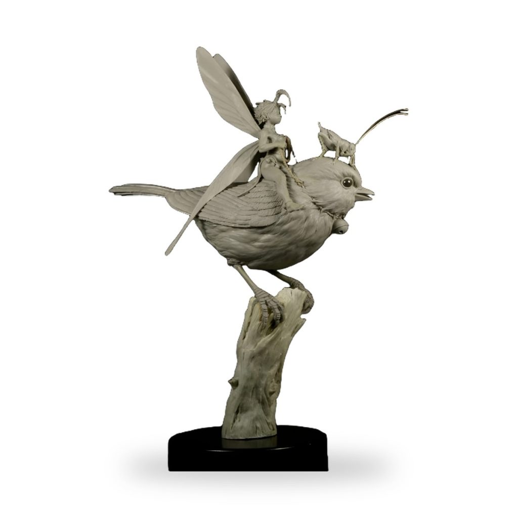 Unpainted fairy riding bird with insect on branch base.