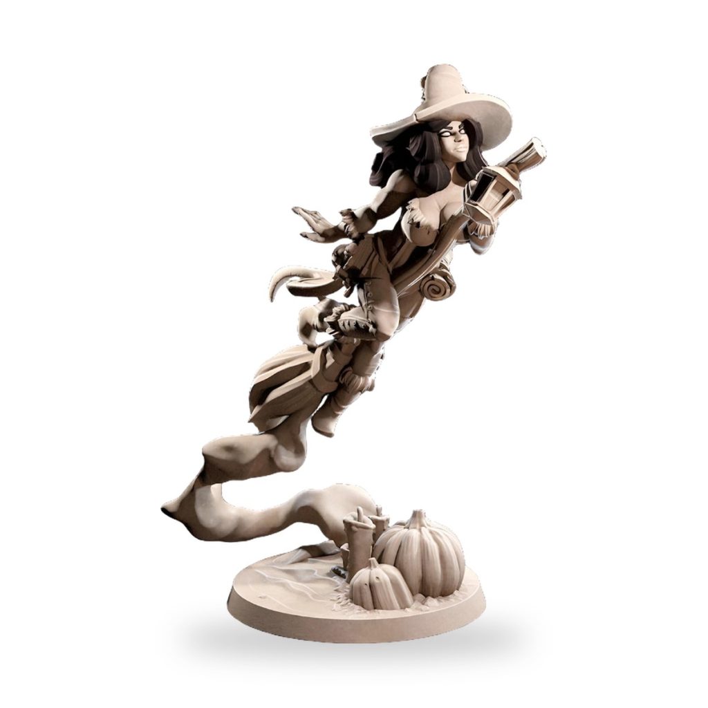 Unpainted witch on broomstick with pumpkins and candles base.