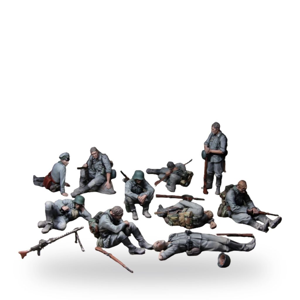 Unpainted WWII German soldier miniatures in various poses with rifles.