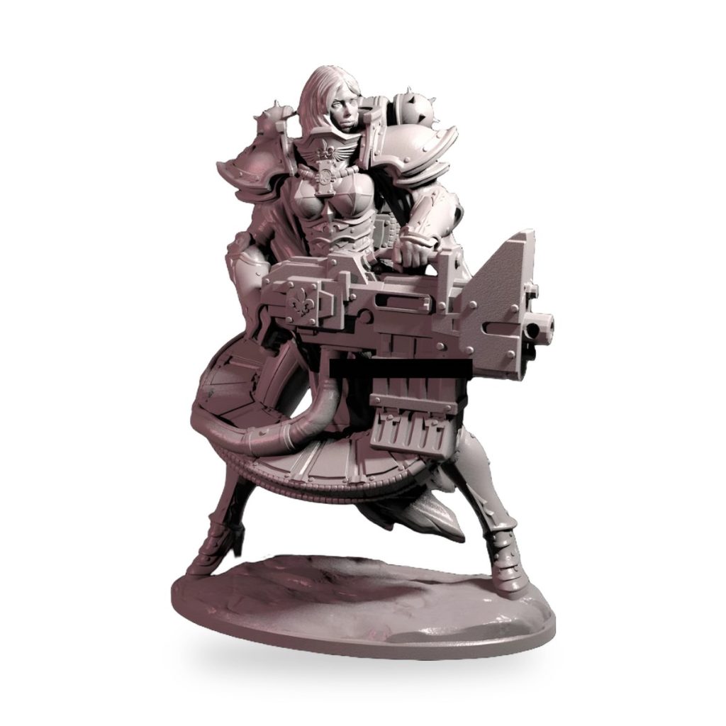 Unpainted female warrior in full metal armor holding large weapon on rocky base.
