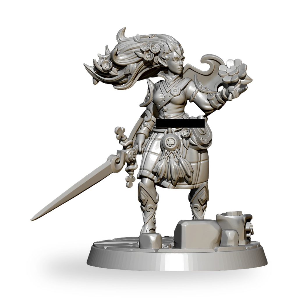 Unpainted fantasy elf warrior princess holding sword and flower on base.