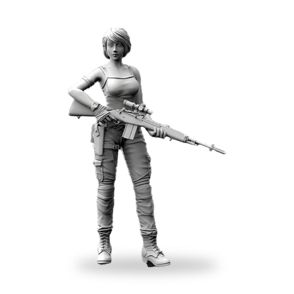 Unpainted female soldier holding rifle in combat stance.