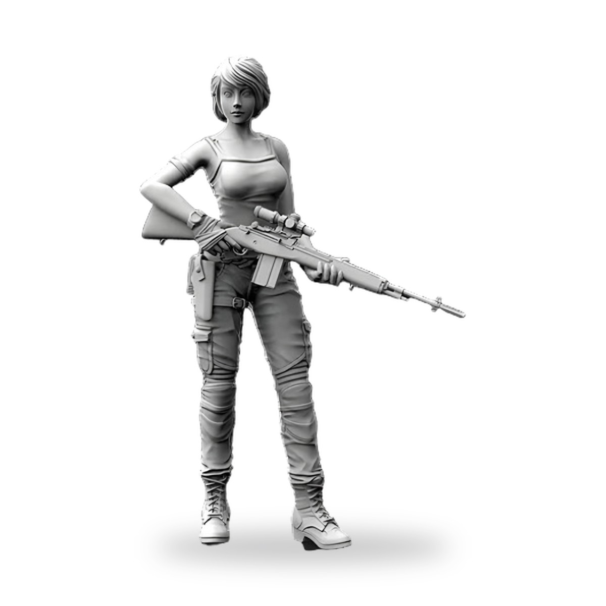 Unpainted female soldier holding rifle in combat stance.