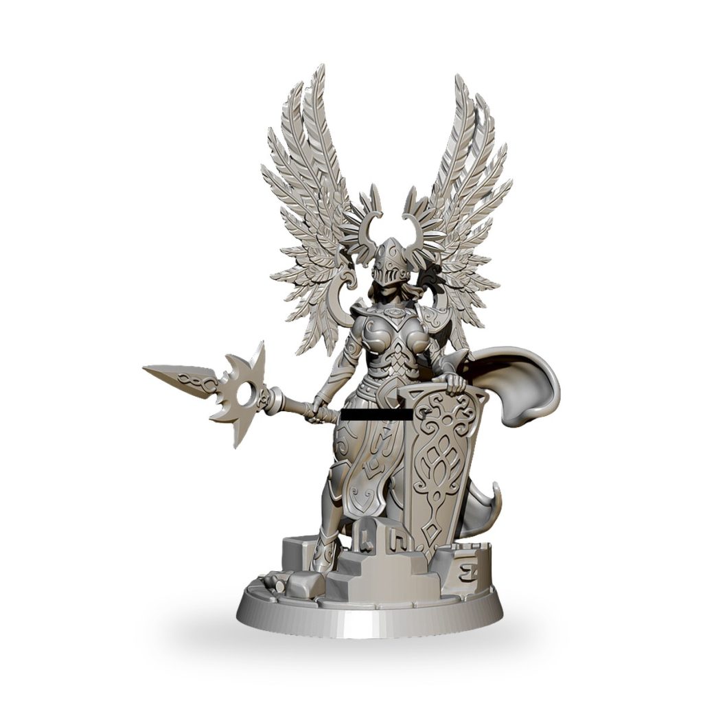 Unpainted Valkyrie warrior with wings holding shield and spear on base.