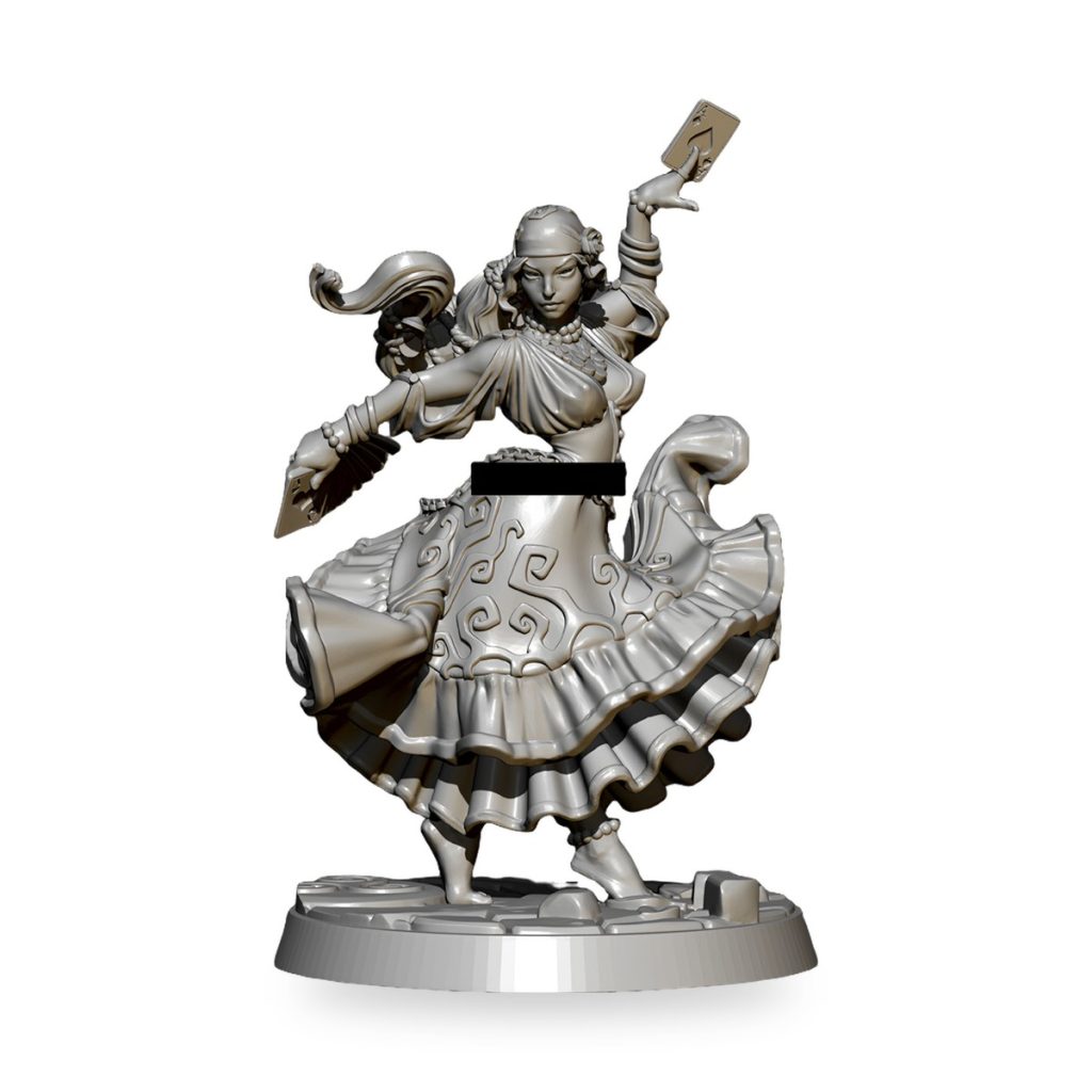 Unpainted female fortune teller gypsy seer GK resin model holding cards and fan.