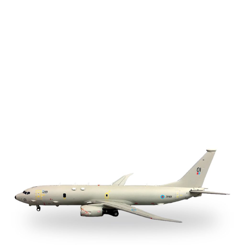 Unpainted Royal Air Force P-8 anti-submarine aircraft miniature metal alloy model.