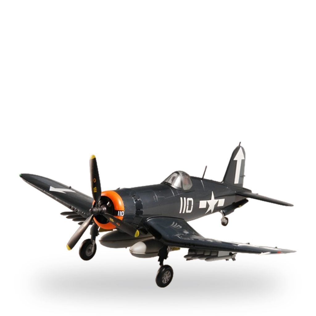 Unpainted WWII Vought F4U Corsair fighter aircraft miniature plastic model in flight pose.